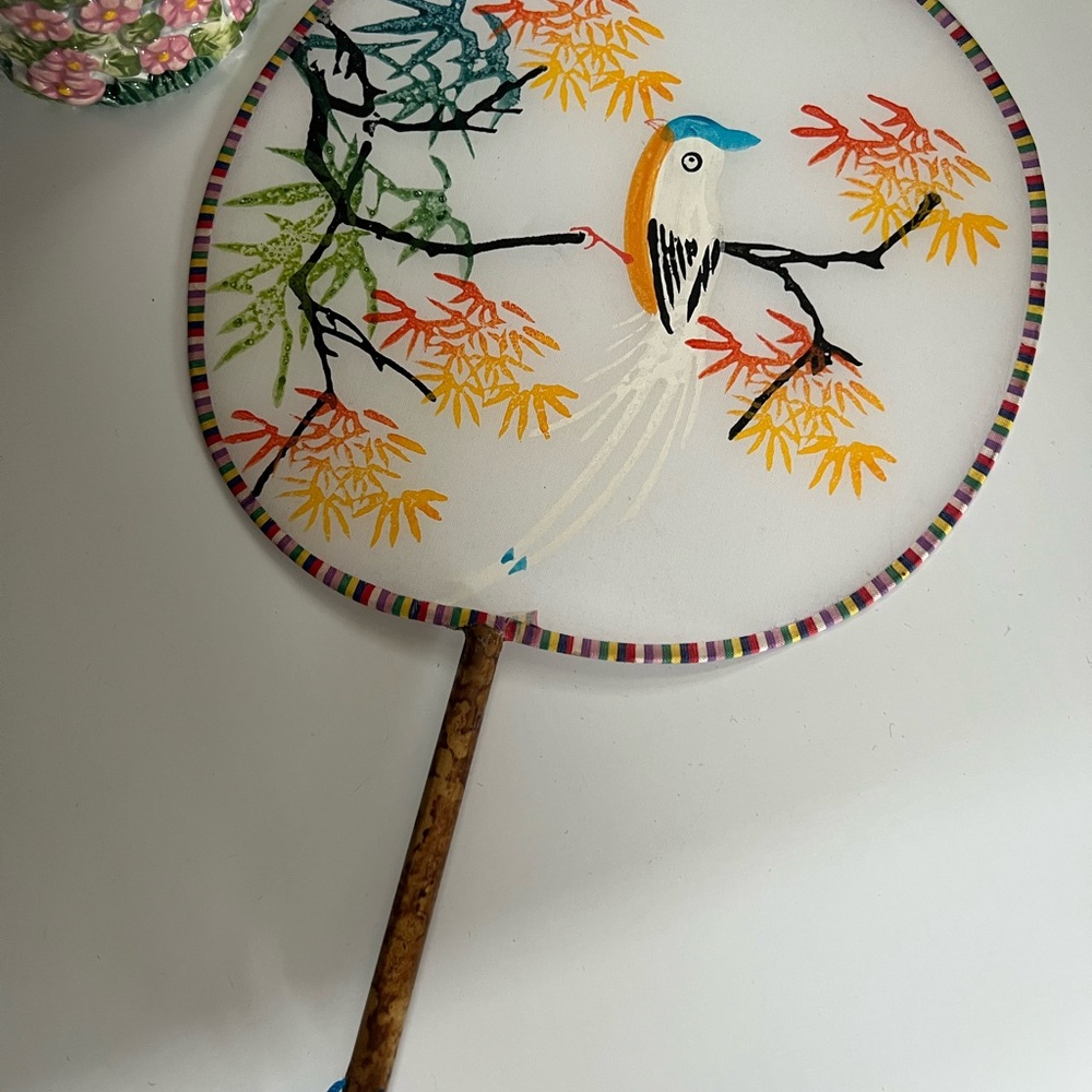 Vintage Decorative Bird Hand Painted Hand Fan with Multicolor Design